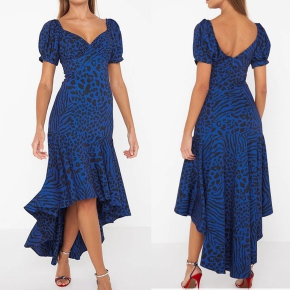 NEW‎ Mossman Wild Thoughts Maxi High Low Dress 4 Black Blue Animal Print NWT - Picture 1 of 16